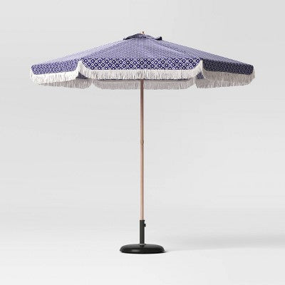 7.5' Quatrefoil Fringe Edge Outdoor Round Patio Market Umbrella Navy Blue with Faux Wood Pole - Threshold (LOCAL PICKUP ONLY)