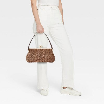 Straw Kiss Lock Clutch Bag - A New Day Natural Brown