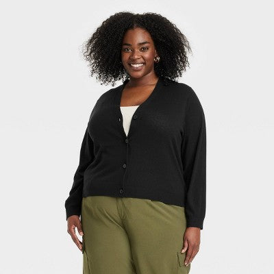 Women's Button-Front Cardigan - A New Day Black 1X Deep V Neck