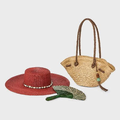 Straw Wide Brim Boater Hat with Shell Detail - Universal Thread Burgundy
