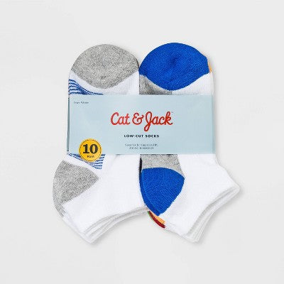 Boys' 10pk Low Cut Socks - Cat & Jack White S: Knit, Flat Seams