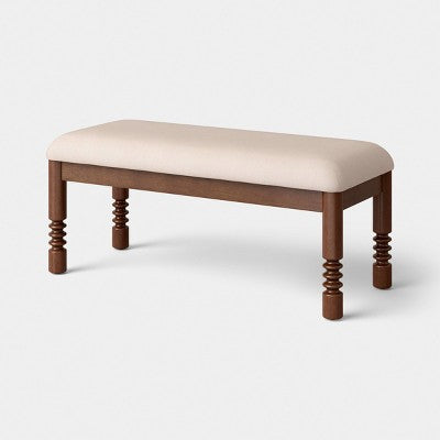 Upholstered Bench with Turned Wood Legs Cream in Performance Fabric - Fully Assembled (LOCAL PICKUP ONLY)