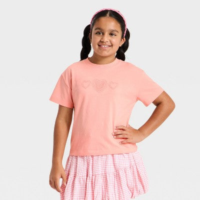 Girls' Short Sleeve Hearts T-Shirt - Cat & Jack Peach Pink S