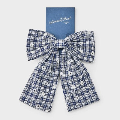 Gingham Check Long Tail Hair Bow - Universal Thread Navy Blue: Fashion Barrette, Classic Pattern,