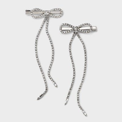 Girls' 2pk Rhinestone Chain Bow Clip Set - art class Silver