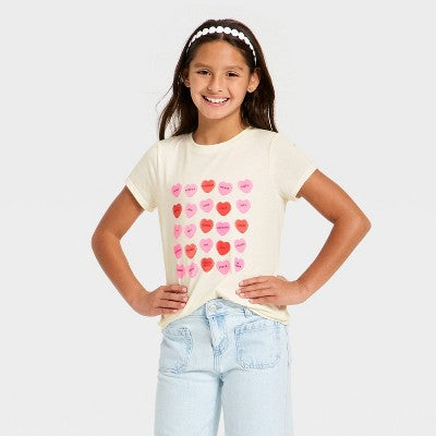 Girls' Short Sleeve Valentine's Day 'Candy Hearts' Graphic T-Shirt M