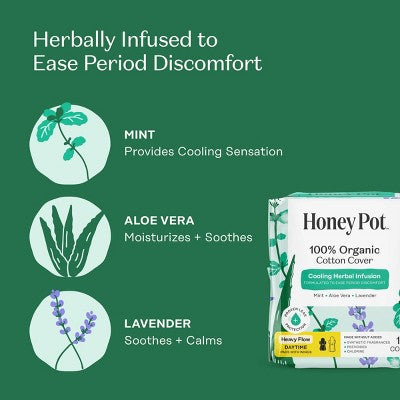 Honey Pot 100% Organic Cotton Cover Cooling Herbal Infusion Heavy Flow Daytime Pads - 14 ct