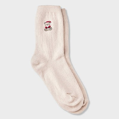 Girls' Embroidered Christmas Teddy Bear Sweater Crew Socks - Cat & Jack Oatmeal L