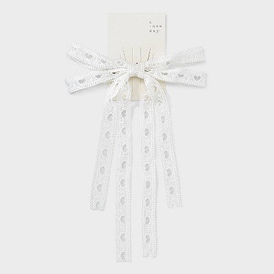 Heart Eyelet Double Bow Hair Barrette - A New Day White
