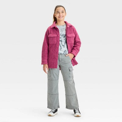 Girls' Solid Shear Berry Red L: Faux plush Shirt Jacket 4 Pockets