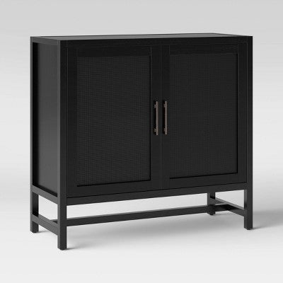 Warwick 2 Door Cabinet Black - Threshold: Rattan Accent, Adjustable Shelf, Mesh Doors (LOCAL PICKUP ONLY)