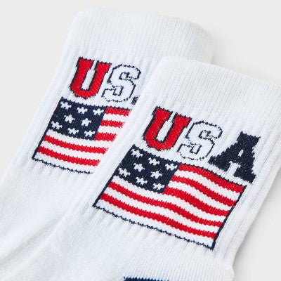 Women's Ribbed Cushioned USA Flag Short Crew Socks - White/Blue/Red 4-10