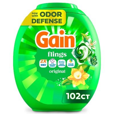 Gain Original Flings Laundry Detergents - 102ct: Paraben-Free, Bleach-Free, Concentrated, Child-Resistant Packaging