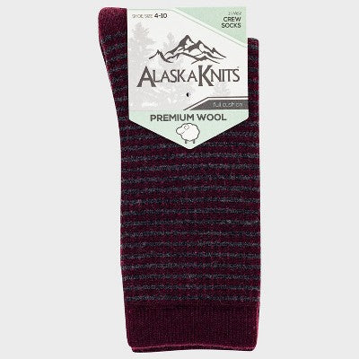 Alaska Knits Women's Striped Thermal Wool Blend Midweight Boot Socks - Burgundy/Charcoal 4-10