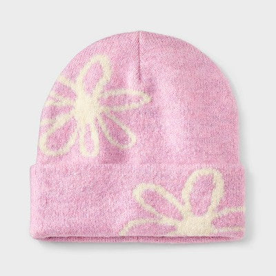 Girls' Knitted Floral Beanie Hat - Cat & Jack Purple/White