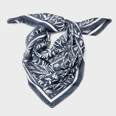 Leaf Postcard Printed Scarf with Border and Scallop Edge - A New Day Black