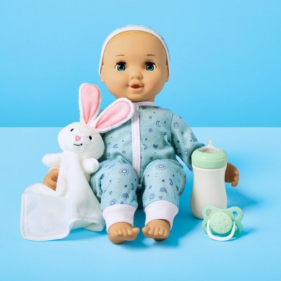 14" Snooze and Snuggle Baby Doll - Blonde Hair + Blue Eyes - Gigglescape