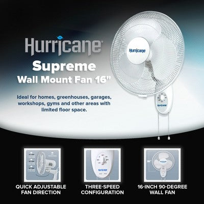 Hurricane 16" Supreme Oscillating Wall Mount Fan, Quiet Corded Electric Air Cooling Unit with Pull Cords for Home, Greenhouse, Garage, Workshop & Gym