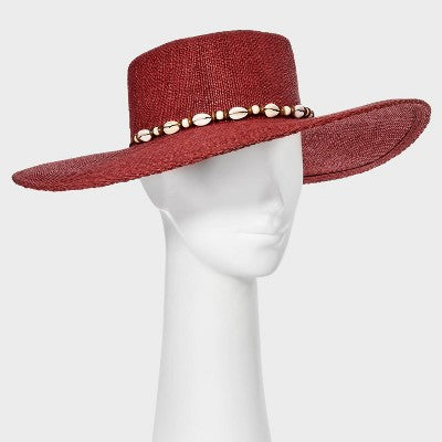 Straw Wide Brim Boater Hat with Shell Detail - Universal Thread Burgundy