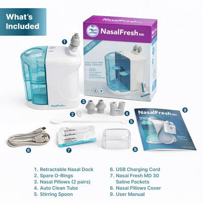 NasalFresh MD Dual Powered Nasal Irrigation System with 30 Saline Packets, Rechargeable, Includes Nose Pillows