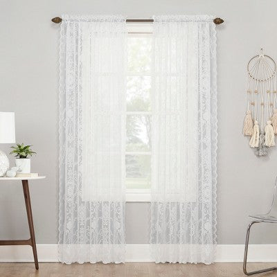 58"x84" No. 918 Sheer Ariella Floral Lace Rod Pocket Curtain Panel White: Farmhouse Jacquard Botanical Design