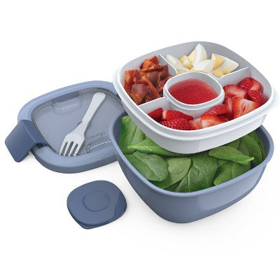 Bentgo Salad Stackable Lunch Container with Large 54oz Bowl, 4-Compartment Tray & Built-In Fork - Slate