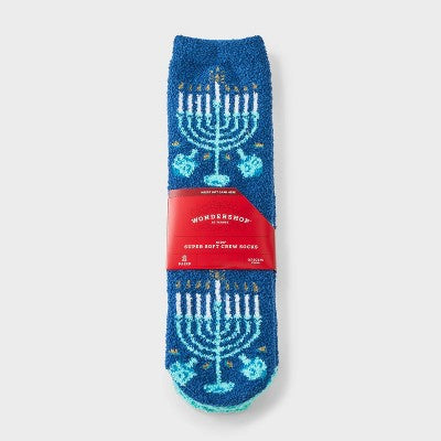 Kids' 2pk Hanukkah Menorah Cozy Crew Socks with Gift Card Holder - Wondershop Navy Blue M/L