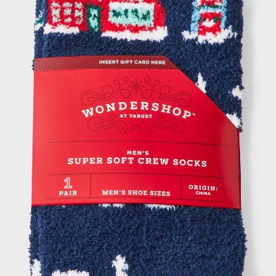 Men's Winter Village Cozy Crew Socks - Wondershop Navy Blue/Red 6-12