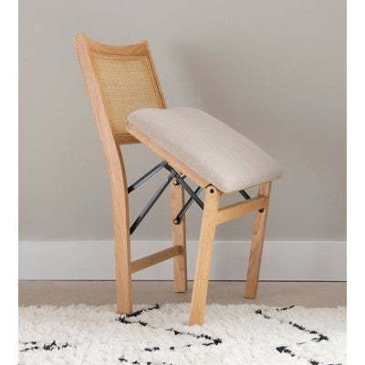 Bayley Rattan Back Fabric Folding Chair Natural - Powell: Linen Upholstered, Rubberwood Frame, No Assembly Required (LOCAL PICKUP ONLY)