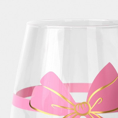 20oz Stemless Wine Pink Bow with Gold Accents Clear