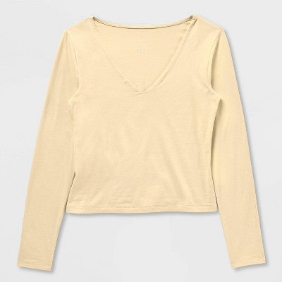 Women's Sculpt Long Sleeve V-Neck Top - A New Day Tan XL
