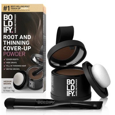 BOLDIFY Root Touch Up Powder with Brush, Covers Thinning Hair & Grays, Water-Resistant - Medium Brown