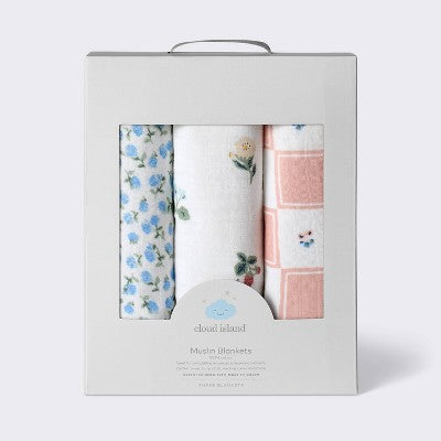 Muslin Swaddle Baby Blanket - Traditional Floral - 3pk - Cloud Island: 47" Cotton, Logo Pattern, 180 Thread Count