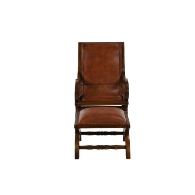 Traditional Teak Wood Accent Chair with Arms and Ottoman Brown - Olivia & May: Leather Upholstered, No Assembly Required (LOCAL PICKUP ONLY)