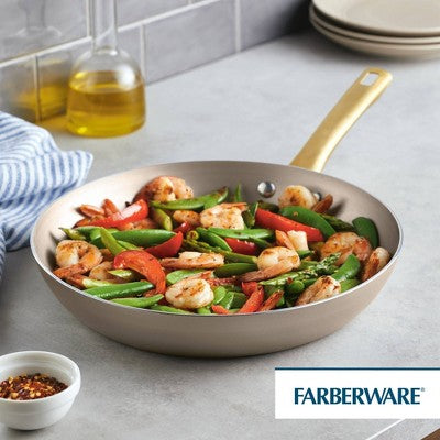 Farberware Radiant 12" Nonstick Open Skillet: Dishwasher-Safe, Gas & Electric Compatible, Phenolic Handle, Beige
