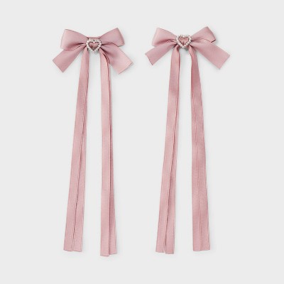 Satin Hair Bow Clip with Pearl Heart Set 2pc - Wild Fable Pink