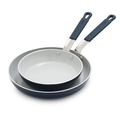 Bobby Flay 2pk (8" and 10") Ceramic Nonstick Aluminum Fry Pan Set Oxford Blue: Lifetime Warranty, Dishwasher-Safe Cookware