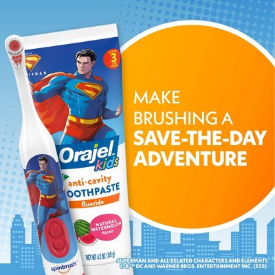 Spinbrush Kids' Superman Electric Toothbrush: Round Head, Soft Nylon Bristles, Battery-Powered, 9.64-Inch Height