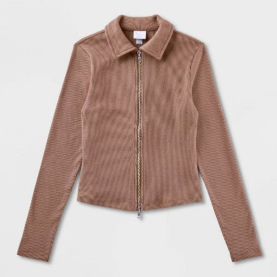 Women's Brushed Ribbed Polo Zip-Up Jacket - A New Day Brown XS