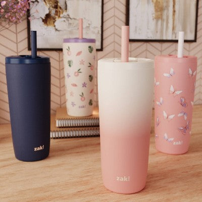 Zak Designs 20 fl oz Stainless Steel Peachy Print Straw Tumbler Purple