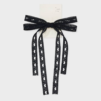 Heart Eyelet Double Bow Hair Barrette - A New Day Black