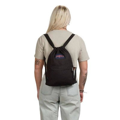 JanSport Drawstring Bag - Black: Lightweight Dobby Shell, Front Zip Pocket