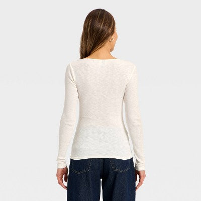 Women's Long Sleeve Ribbed V-Neck T-Shirt - Universal Thread Cream S