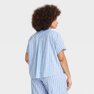 Women's Striped Cotton Blend Pajama Shirt - Auden Light Blue 1X