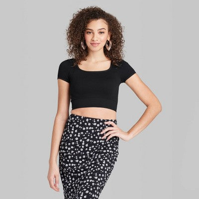Women's Short Sleeve Square Neck Fitted T-Shirt Wild Fable Black L