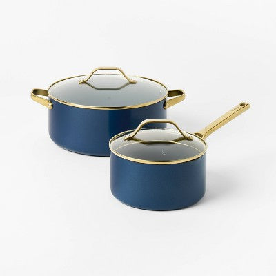 7pc Nonstick Ceramic Coated Aluminum Cookware Set with Champagne Handles Navy - Figmint (LOCAL PICKUP ONLY)