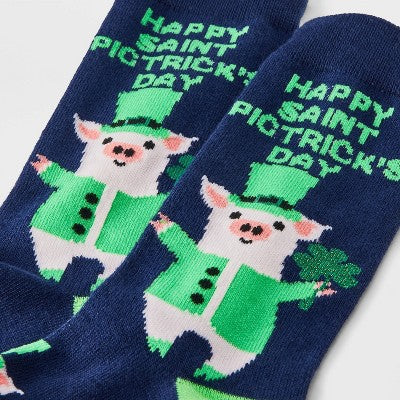 Women's 'Happy St. Pigtrick's Day' St Patrick's Day Crew Socks - Navy/Green 4-10: Recycled Polyester, Animal Icon Pattern