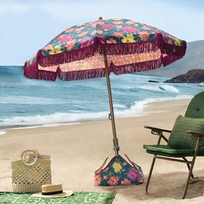 6' Round Floral Beach Umbrella with Fringe Burgundy - Threshold (LOCAL PICKUP ONLY)