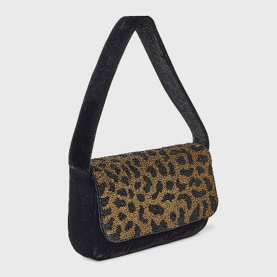 Embellished Leopard Print Flap Shoulder Bag - A New Day Black/Brown