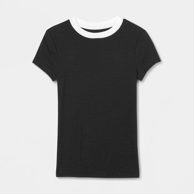Women's Slim Fit Ribbed T-Shirt - A New Day Black/White XXL